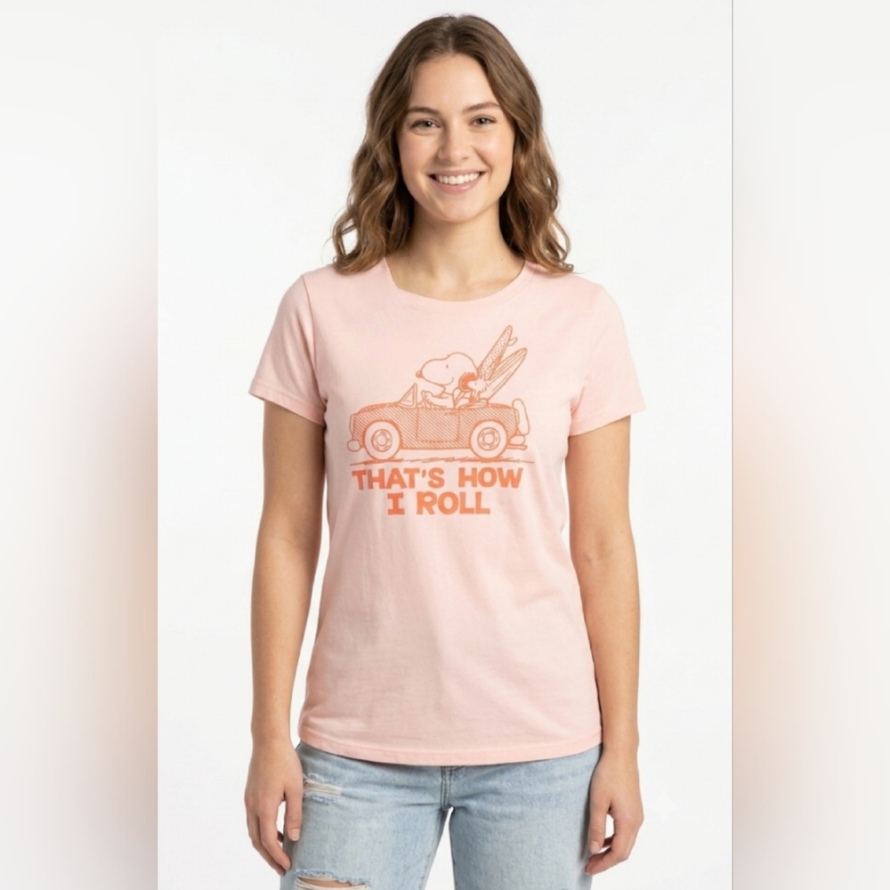 NWT Peanuts Snoopy “That’s How I Roll” Pink Tee M 🚗🐶🏄‍♂️